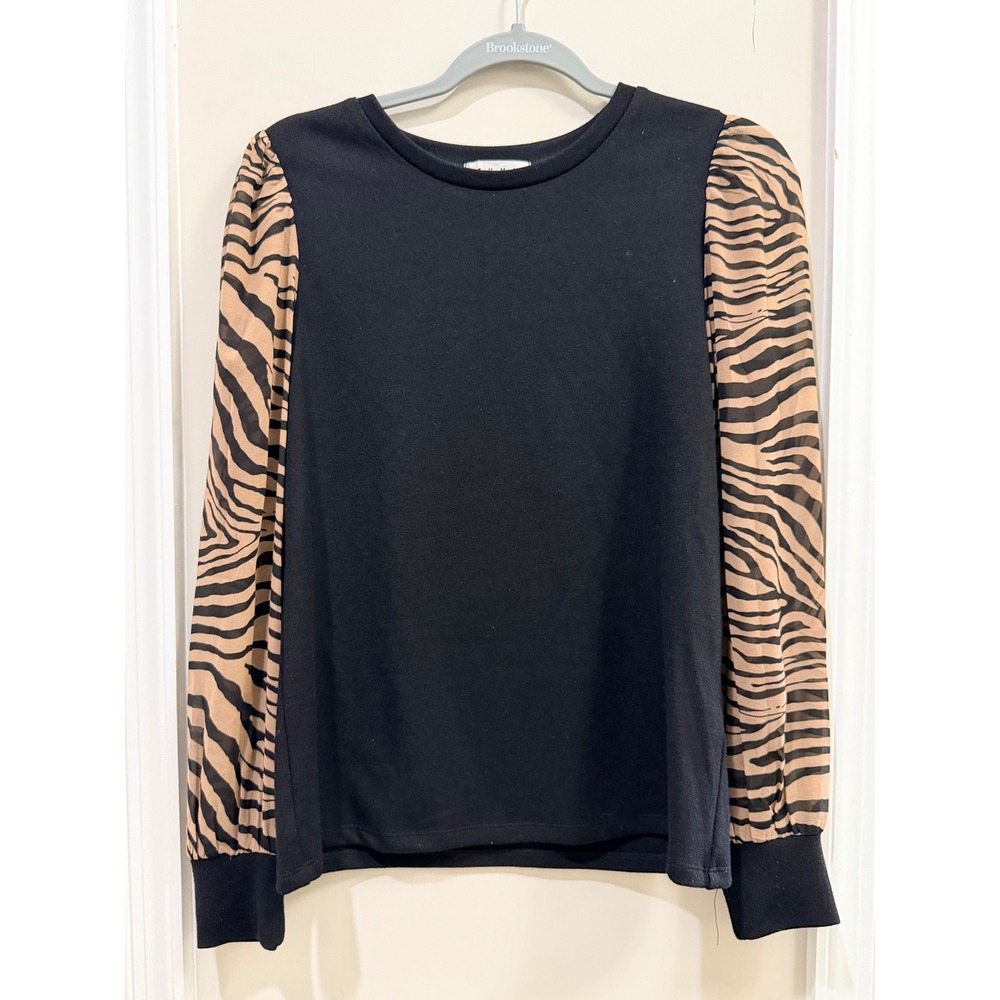 THML Women's Zebra Print Sheer Puff Sleeve Knit Top Black Brown Small